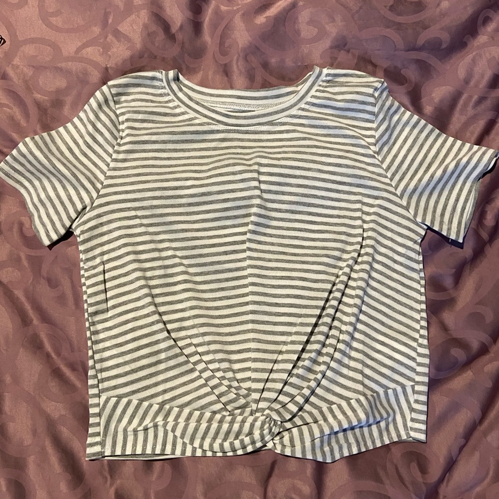 grey and white stripes crop top with front knot